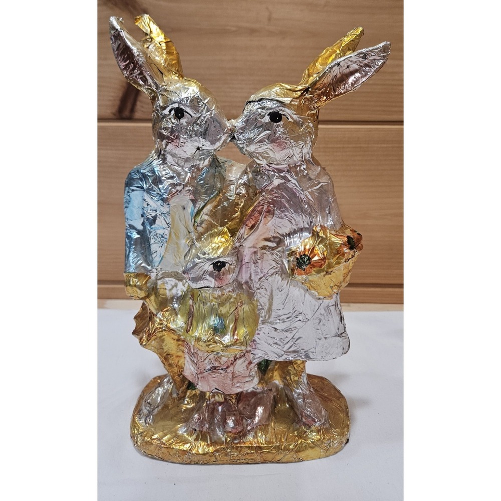 Vintage Foil‎ Wrapped Easter Bunny Family Figurine Decor Rabbits Kissing...